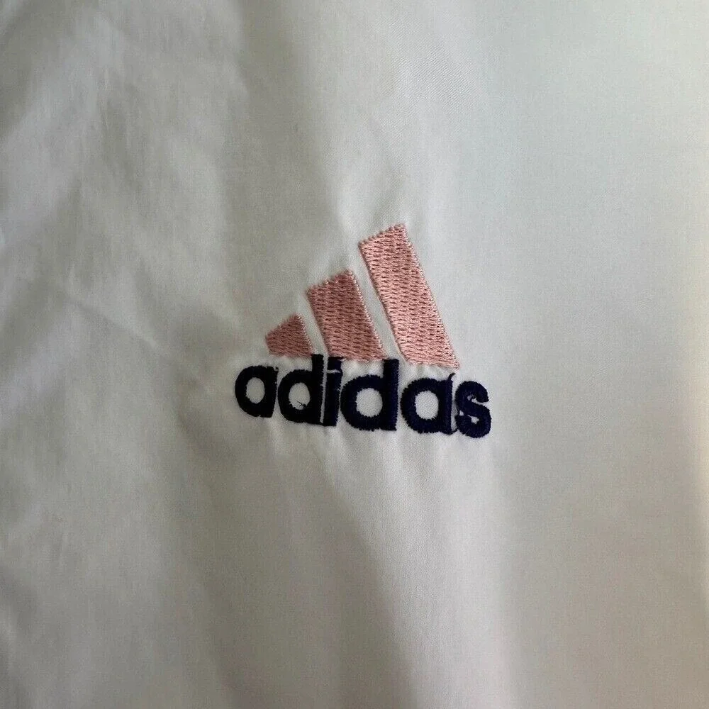 Vintage Adidas Mens White Navy Blue Striped Full Zip Hooded Windbreaker Jacket M